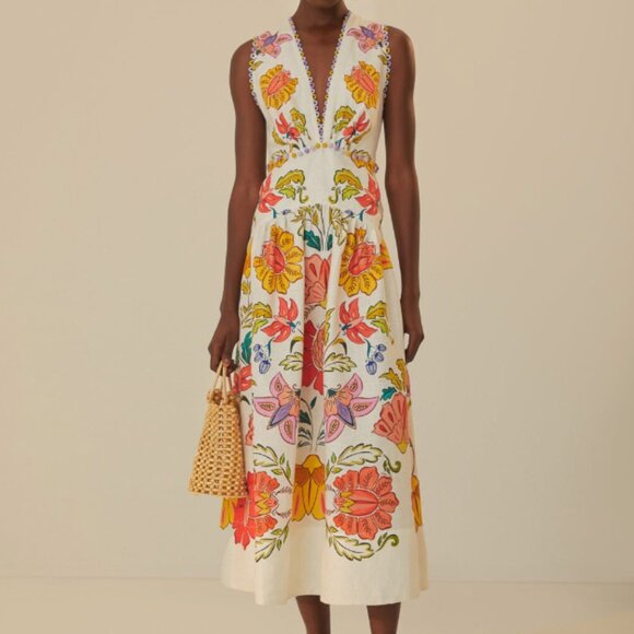 FARM Rio Dresses & Skirts - FARM Rio Off-White Floral Insects Euroflax™ Premium Linen Maxi Dress - NWT -- XS